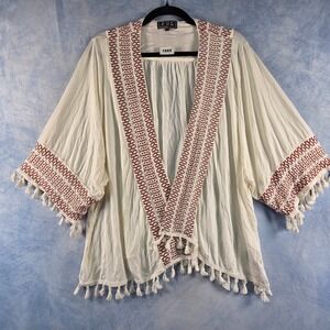 POL Womens Boho Kimono Cardigan Cream Rust Embroidered Tassel Fringe Small